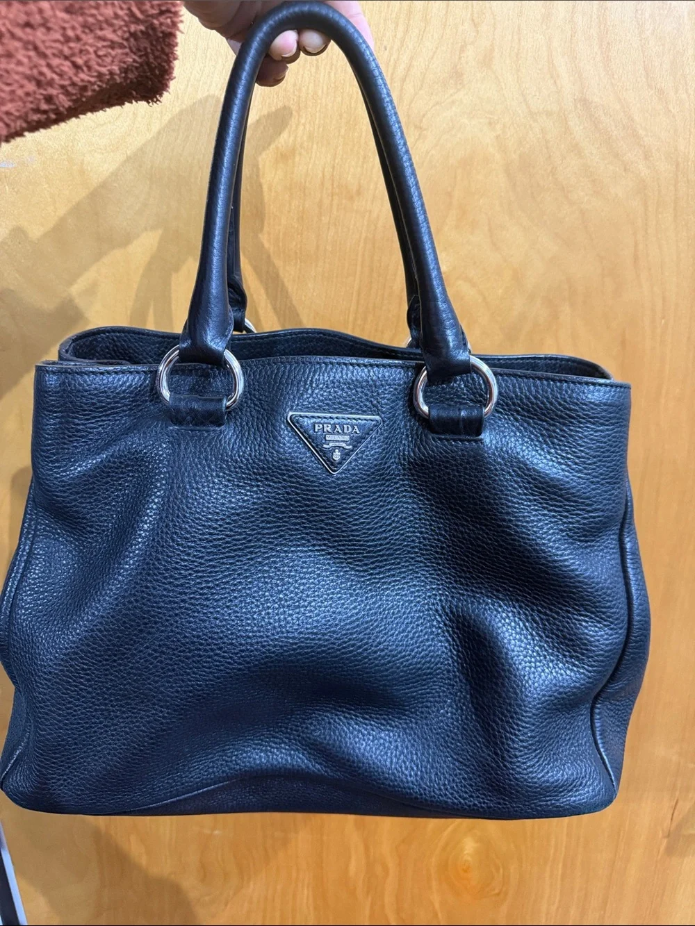 Prada Pebbled Black Leather Double-Handle Tote